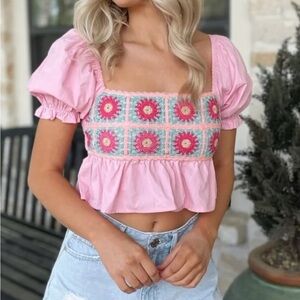 Le Lis Women’s Crochet Crop Top Puffed Sleeves Pink Size XS